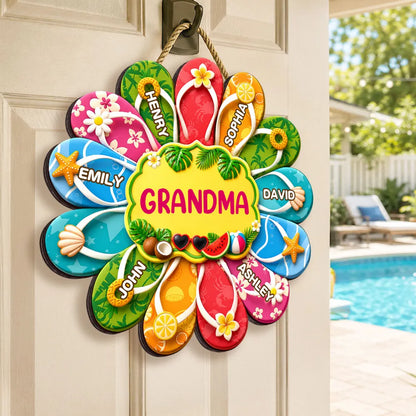 Hello Summer Grandma Flip Flop Custom Grandkids Names - Personalized Wood Sign - Summer Decoration