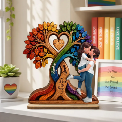 LGBT Couple Kissing Under Tree - Personalized Wooden Plaque - Heartfelt Gift for Her, Gift for Him