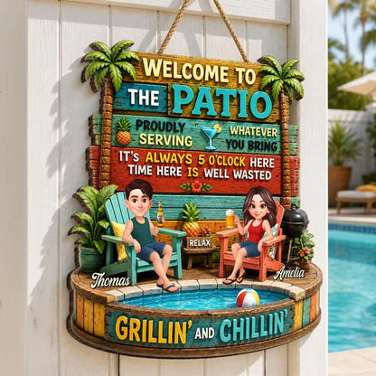 Couple Patio Welcome Proudly Serving Whatever You Bring - Personalized Wooden Sign - Summer Backyard Decor