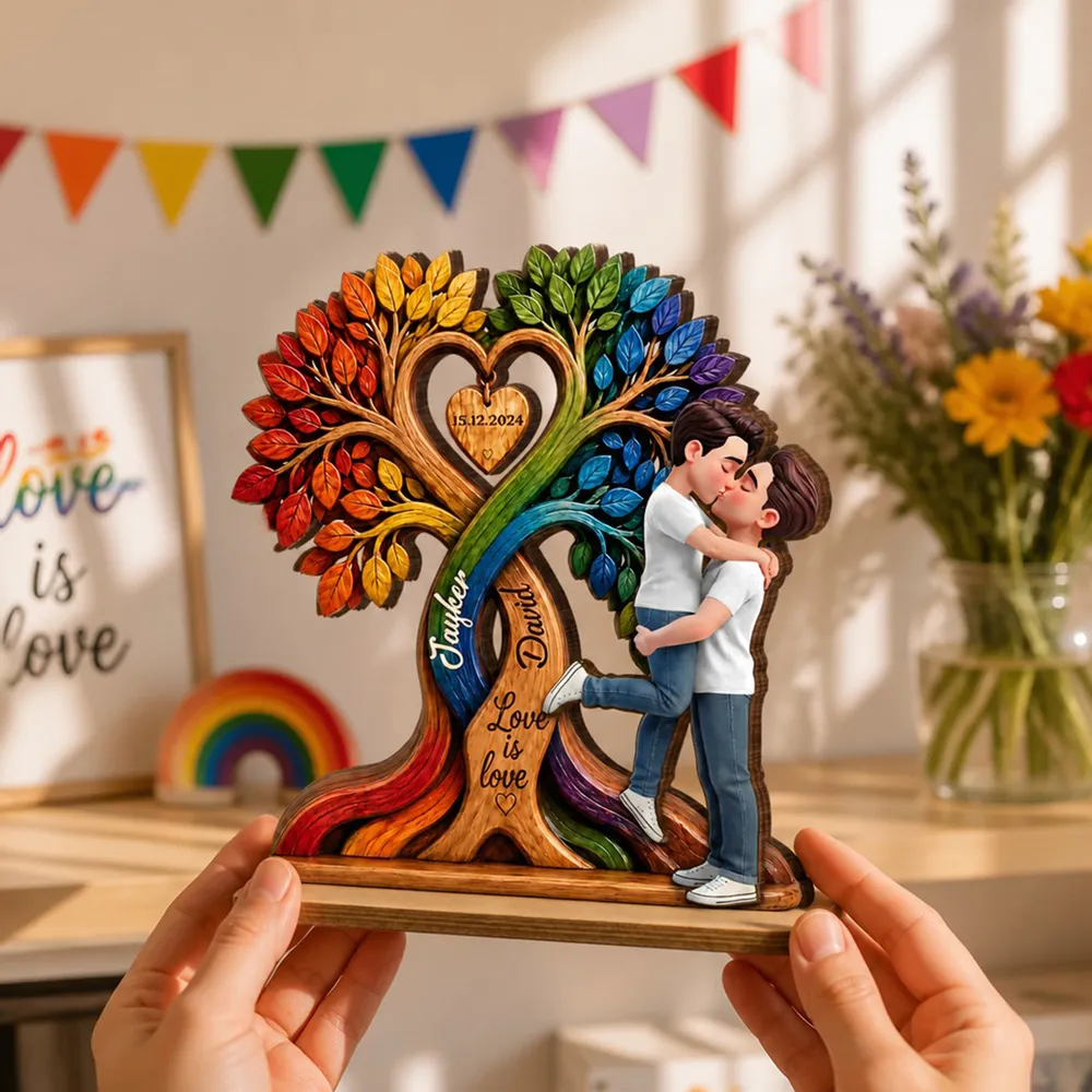 LGBT Couple Kissing Under Tree - Personalized Wooden Plaque - Heartfelt Gift for Her, Gift for Him