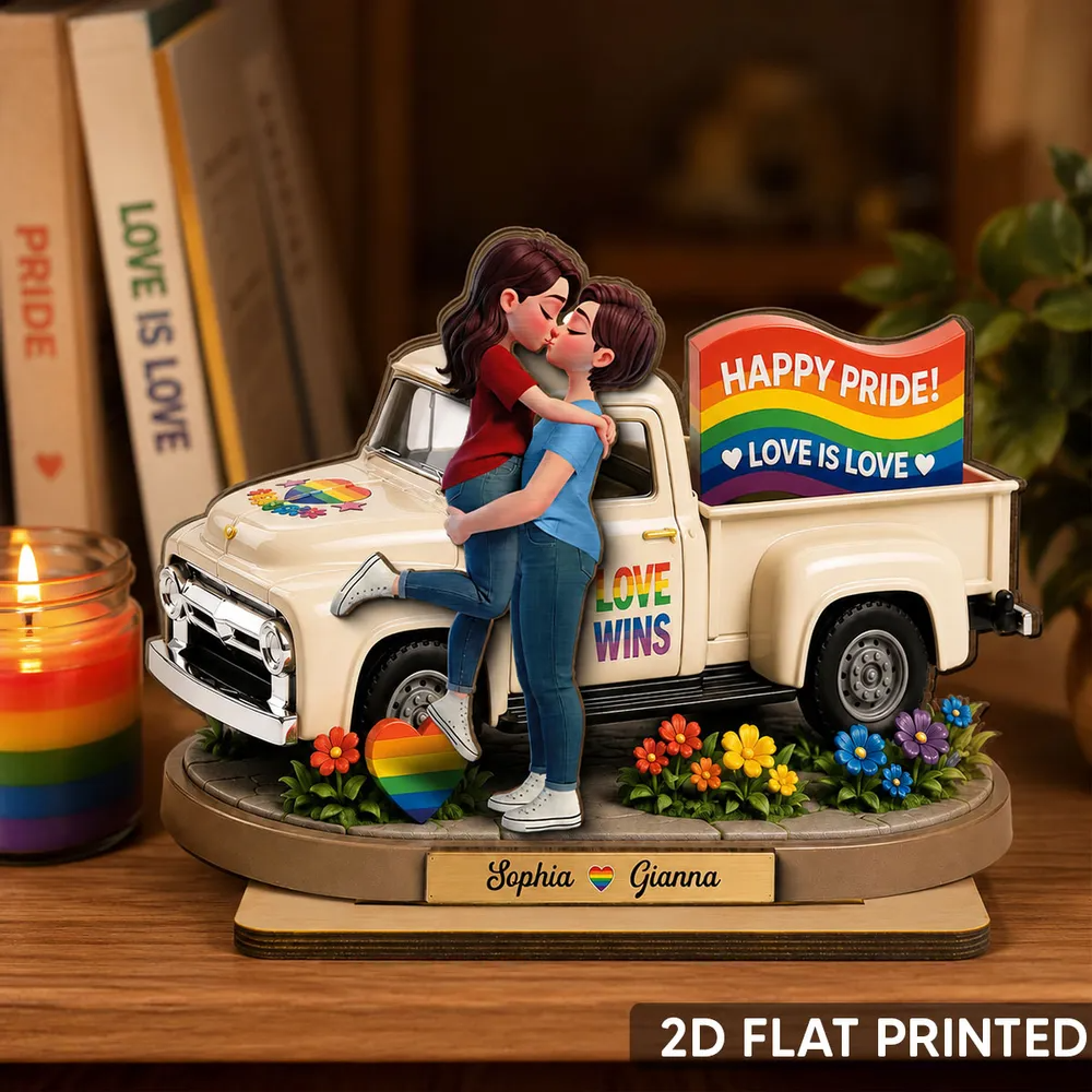 Love Is Love Couple Kissing By Truck 2D Flat - Personalized Wooden Plaque - Pride Month Keepsake