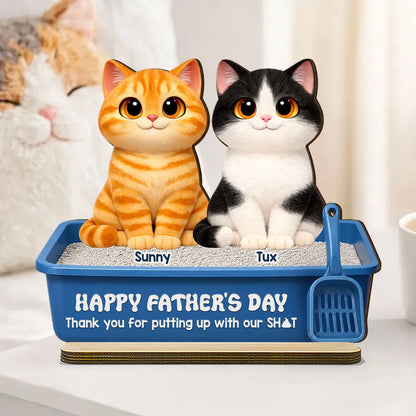 Cute Fluffy Cats Happy Father's Day Thanks For Feeding And Scooping Poo 2D Flat - Personalized Wooden Plaque - Funny Father's Day Gift For Cat Dad, Cat Lovers