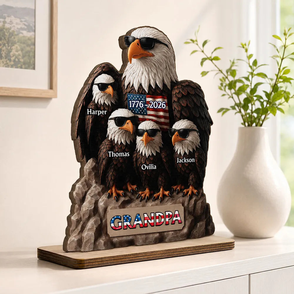 America 250th Anniversary Patriotic Eagle Grandpa Dad & Kids - Personalized Wooden Plaque - Father's Day Gift, 250th Anniversary Gift, Keepsake For Grandpa, Dad