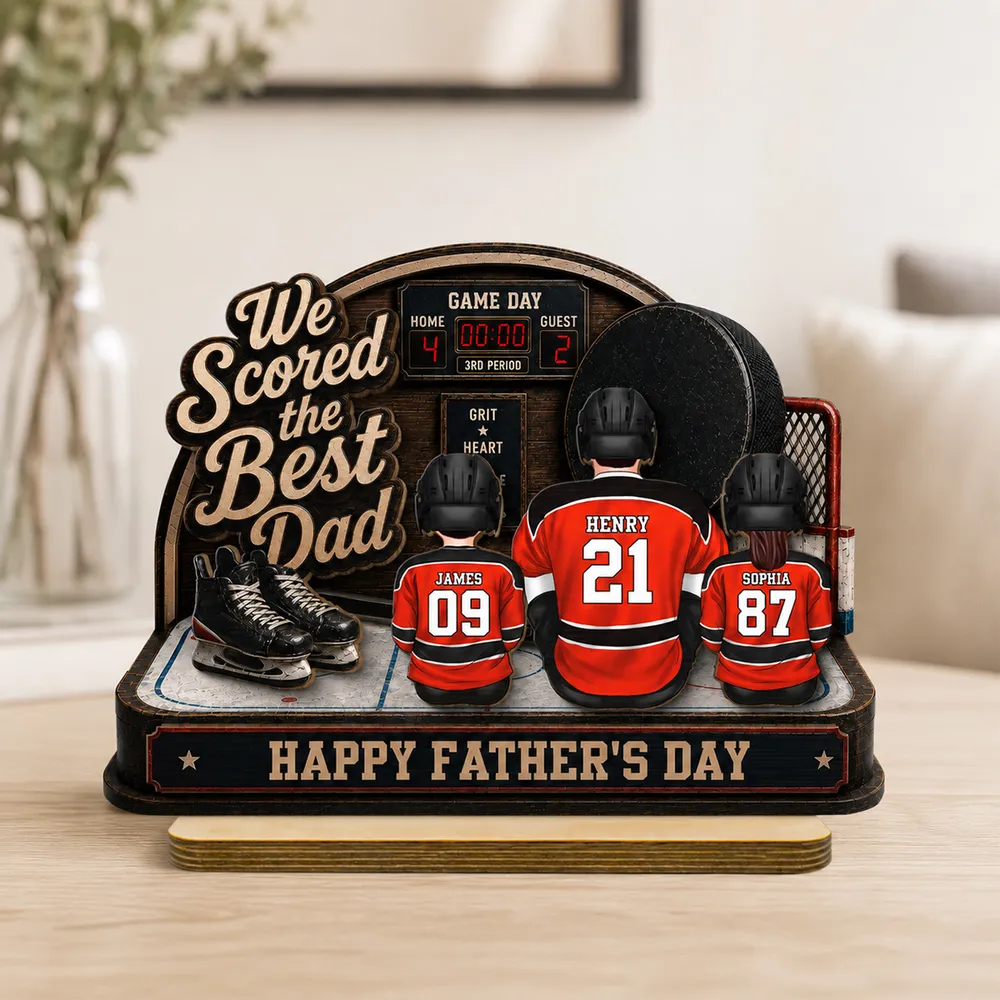 Hockey Dad & Kids Sitting On Court 2D Flat - Personalized Wooden Plaque - Father's Day Gift For Hockey Dad