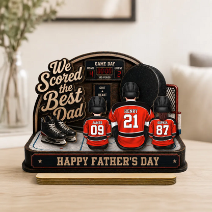 Hockey Dad & Kids Sitting On Court 2D Flat - Personalized Wooden Plaque - Father's Day Gift For Hockey Dad
