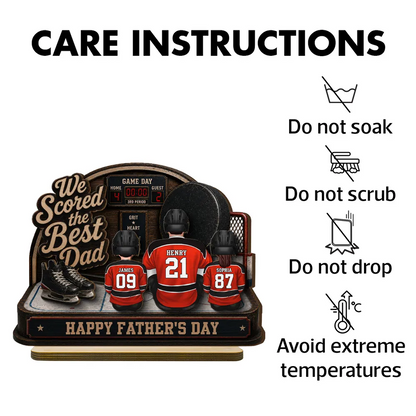 Hockey Dad & Kids Sitting On Court 2D Flat - Personalized Wooden Plaque - Father's Day Gift For Hockey Dad