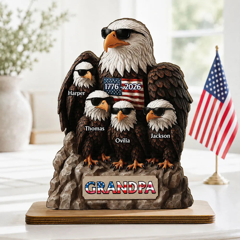 America 250th Anniversary Patriotic Eagle Grandpa Dad & Kids - Personalized Wooden Plaque - Father's Day Gift, 250th Anniversary Gift, Keepsake For Grandpa, Dad