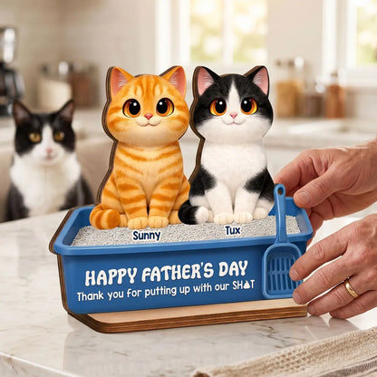 Cute Fluffy Cats Happy Father's Day Thanks For Feeding And Scooping Poo 2D Flat - Personalized Wooden Plaque - Funny Father's Day Gift For Cat Dad, Cat Lovers