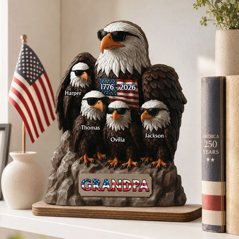 America 250th Anniversary Patriotic Eagle Grandpa Dad & Kids - Personalized Wooden Plaque - Father's Day Gift, 250th Anniversary Gift, Keepsake For Grandpa, Dad