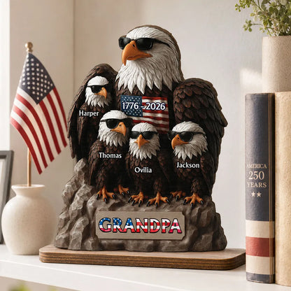 America 250th Anniversary Patriotic Eagle Grandpa Dad & Kids - Personalized Wooden Plaque - Father's Day Gift, 250th Anniversary Gift, Keepsake For Grandpa, Dad