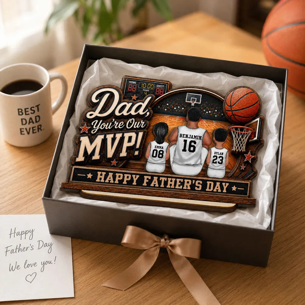 Dad You Are Our MVP Sitting Basketball Man & Kids 2D Flat - Personalized Wooden Plaque - Father's Day Gift For Basketball Dad