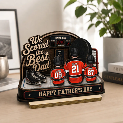 Hockey Dad & Kids Sitting On Court 2D Flat - Personalized Wooden Plaque - Father's Day Gift For Hockey Dad