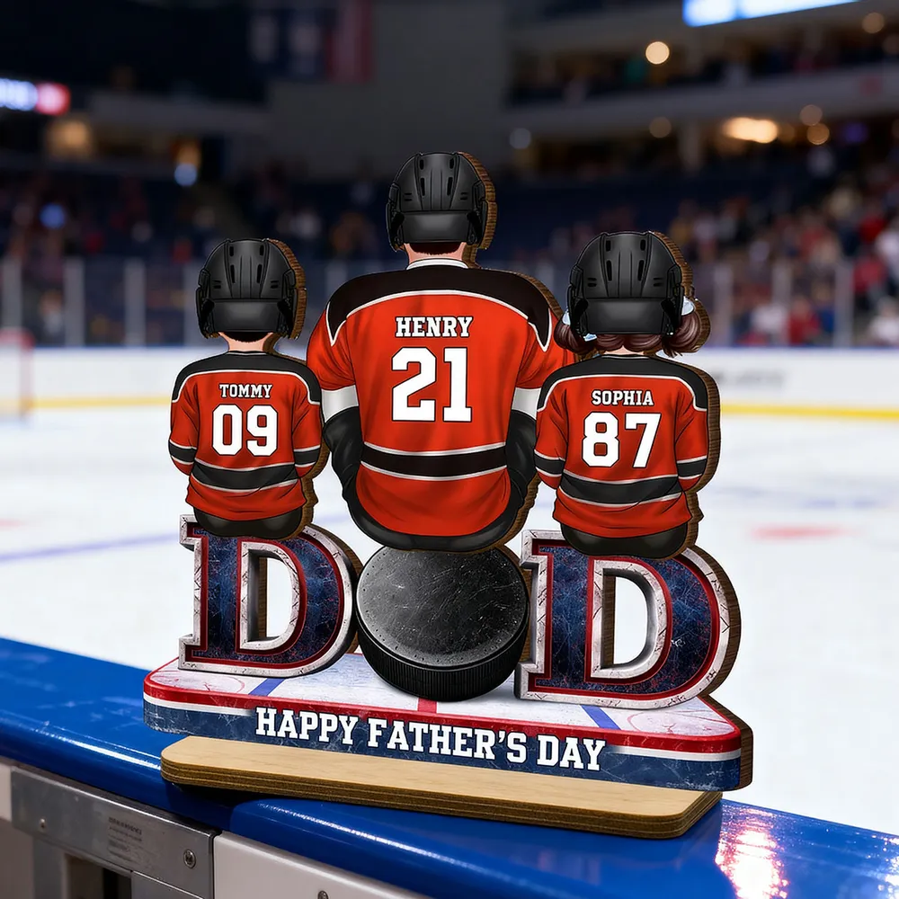 Hockey Dad And Kids Sitting Together - Personalized Wooden Plaque - Father's Day Gift, Gift For Hockey Dad, Gift For Husband
