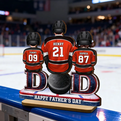 Hockey Dad And Kids Sitting Together - Personalized Wooden Plaque - Father's Day Gift, Gift For Hockey Dad, Gift For Husband