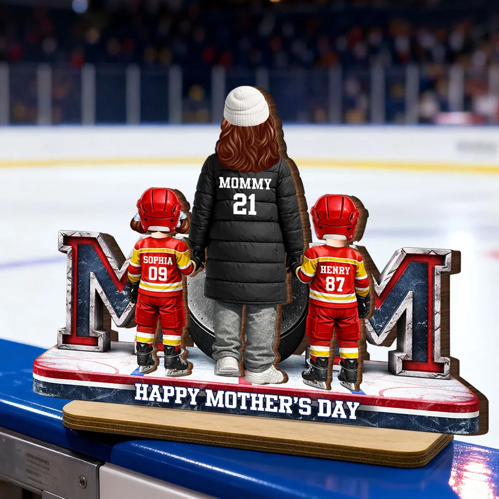 Hockey Mom And Kids Together - Personalized 2-Layered Wooden Plaque - Heartfelt Gift For Grandma