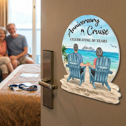 Celebrating Anniversary Couple Back View At The Beach - Personalized Cruise Cabin Door Magnet - Anniversary Cruise Keepsake
