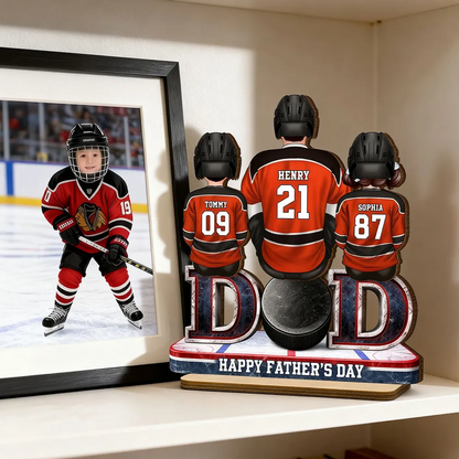 Hockey Dad And Kids Sitting Together - Personalized Wooden Plaque - Father's Day Gift, Gift For Hockey Dad, Gift For Husband