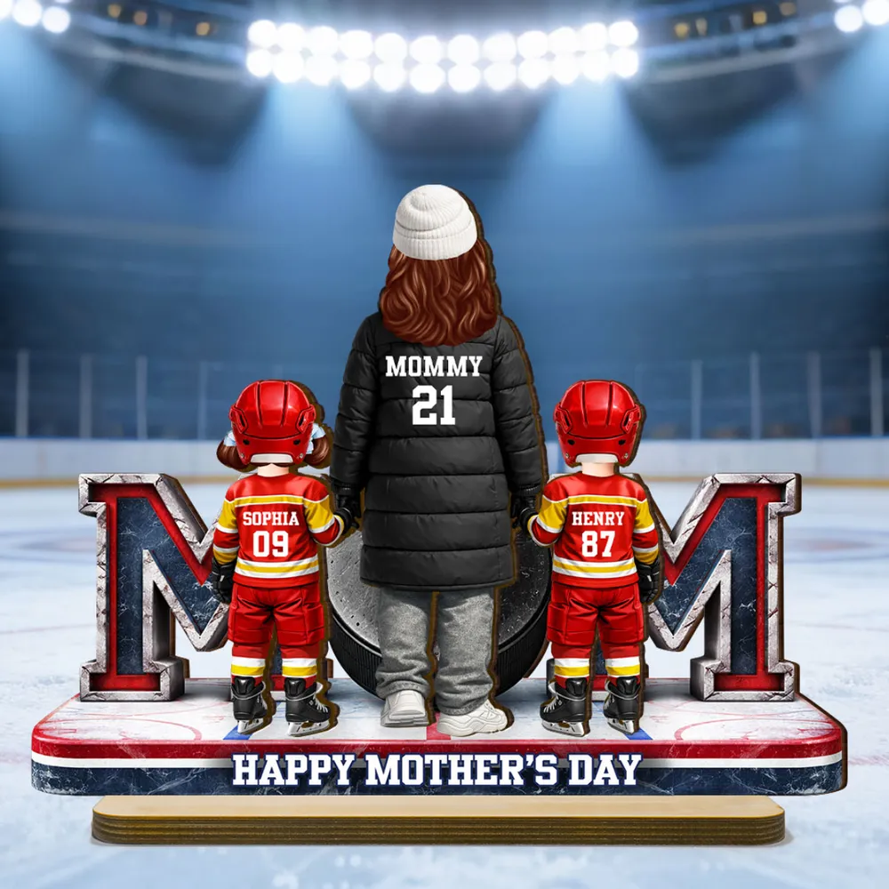 Hockey Mom And Kids Together - Personalized 2-Layered Wooden Plaque - Heartfelt Gift For Grandma