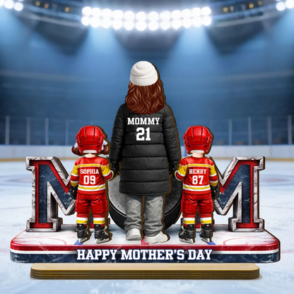 Hockey Mom And Kids Together - Personalized 2-Layered Wooden Plaque - Heartfelt Gift For Grandma