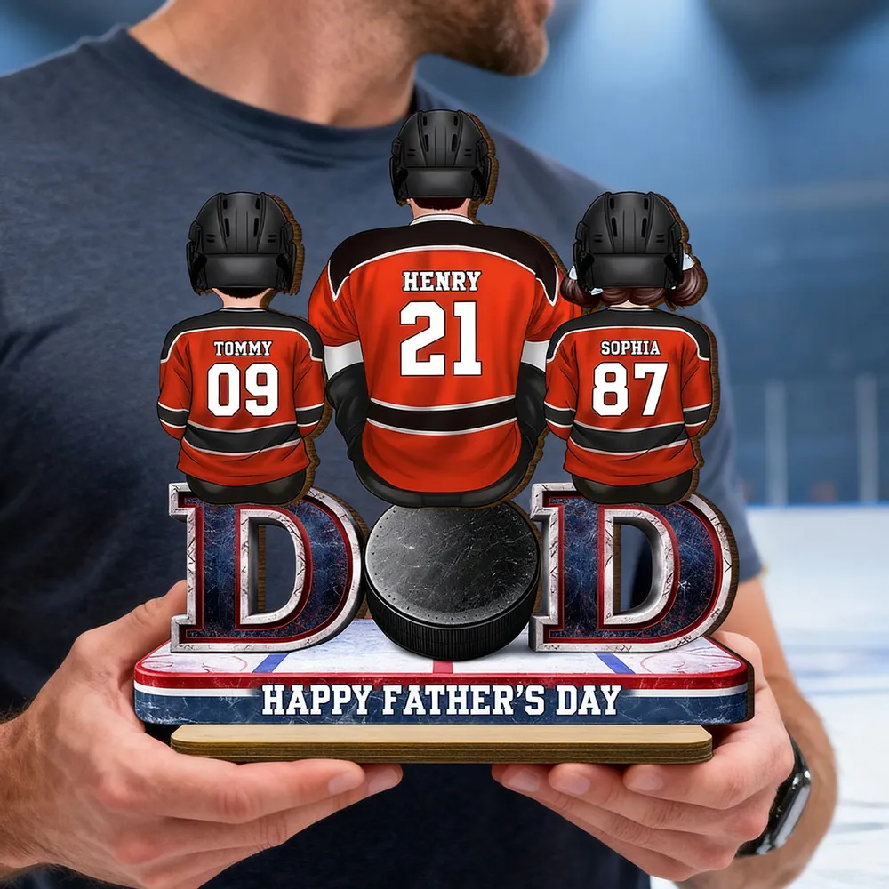 Hockey Dad And Kids Sitting Together - Personalized Wooden Plaque - Father's Day Gift, Gift For Hockey Dad, Gift For Husband