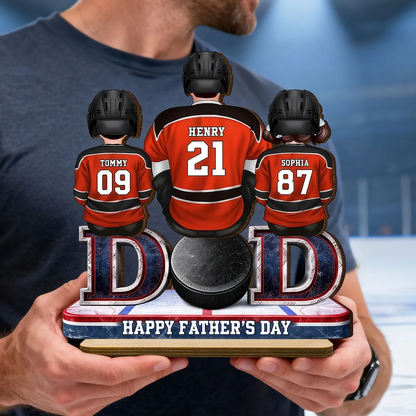 Hockey Dad And Kids Sitting Together - Personalized Wooden Plaque - Father's Day Gift, Gift For Hockey Dad, Gift For Husband