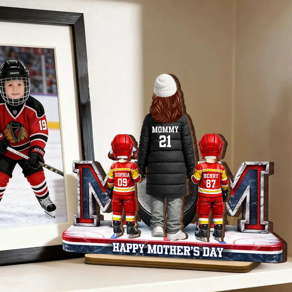 Hockey Mom And Kids Together - Personalized 2-Layered Wooden Plaque - Heartfelt Gift For Grandma