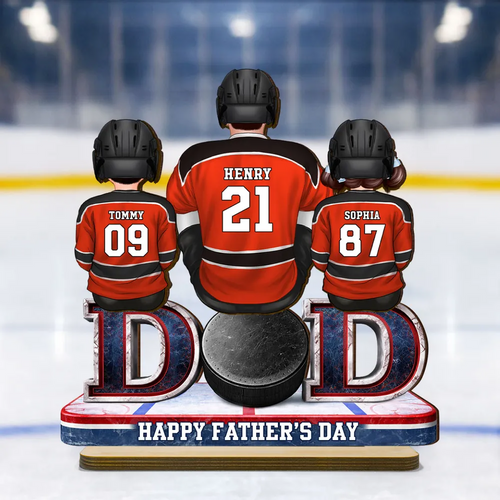 Hockey Dad And Kids Sitting Together - Personalized Wooden Plaque - Father's Day Gift, Gift For Hockey Dad, Gift For Husband