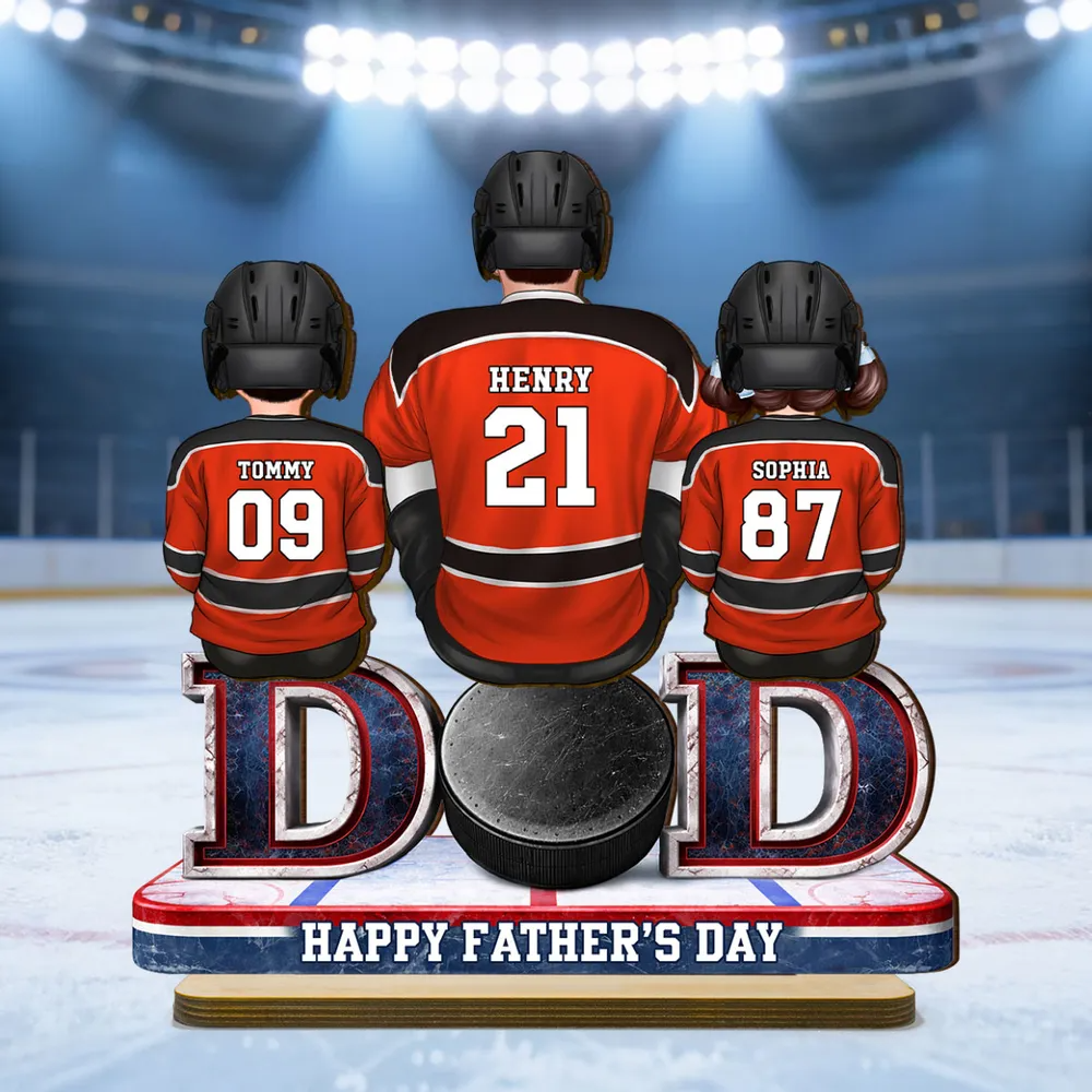 Hockey Dad And Kids Sitting Together - Personalized Wooden Plaque - Father's Day Gift, Gift For Hockey Dad, Gift For Husband