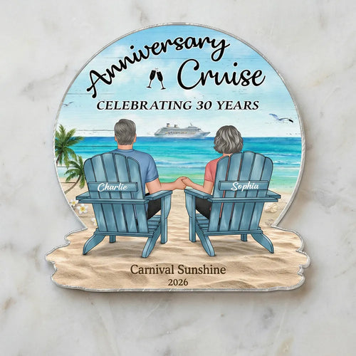 Celebrating Anniversary Couple Back View At The Beach - Personalized Cruise Cabin Door Magnet - Anniversary Cruise Keepsake