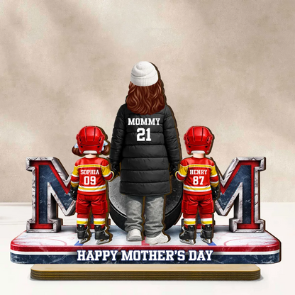 Hockey Mom And Kids Together - Personalized 2-Layered Wooden Plaque - Heartfelt Gift For Grandma