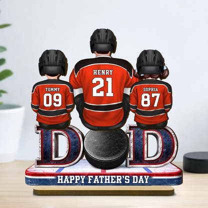 Hockey Dad And Kids Sitting Together - Personalized Wooden Plaque - Father's Day Gift, Gift For Hockey Dad, Gift For Husband