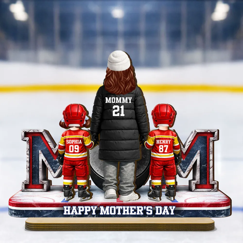 Hockey Mom And Kids Together - Personalized 2-Layered Wooden Plaque - Heartfelt Gift For Grandma