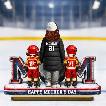 Hockey Mom And Kids Together - Personalized 2-Layered Wooden Plaque - Heartfelt Gift For Grandma