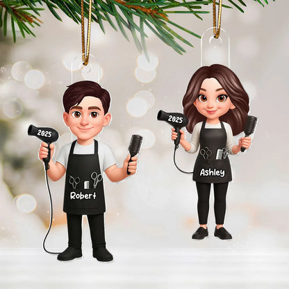 3D Effect Christmas Hairdresser Man Woman - Personalized Acrylic Ornament - Gift For Hairdressers