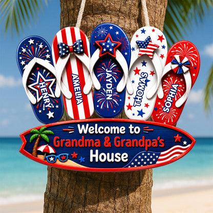 Welcome To Grandma Grandpa House Summer America 250th Anniversary - Personalized Wood Sign - Gift For Grandparents, 4th of July Decoration