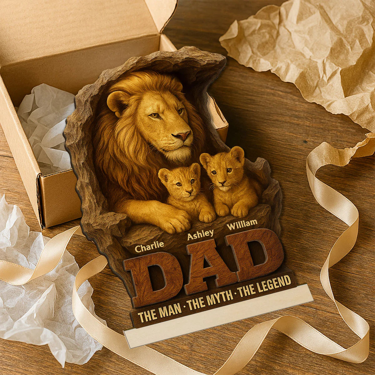 Lion Dad And Kids Personalized Standing Wooden Plaque, Unique Father's Day Gift For Dad