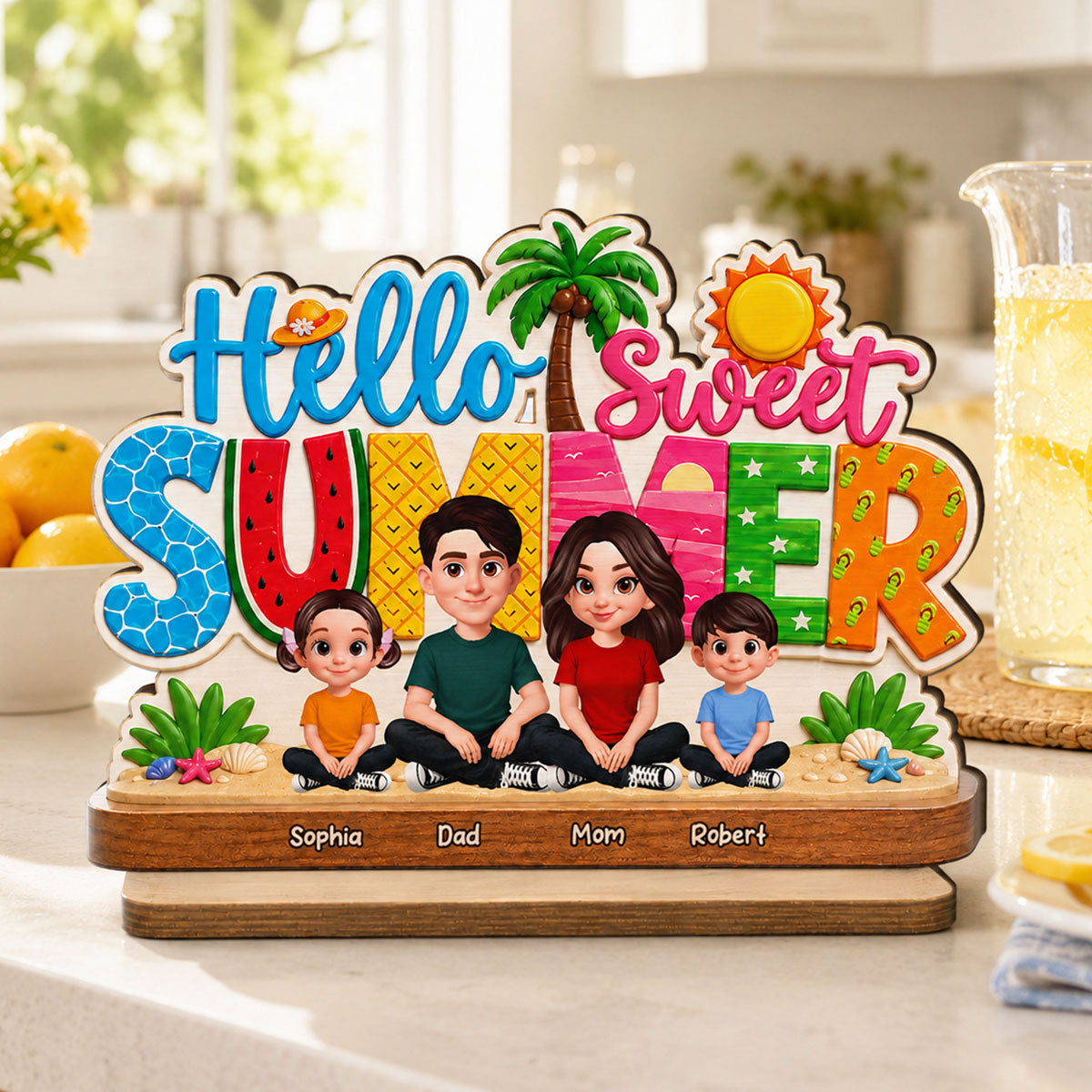 Hello Summer Vibe Family Grandpa Grandma Dad Mom Kids - Personalized Wooden Plaque - Gift For Family, Grandparents, Summer Decoration