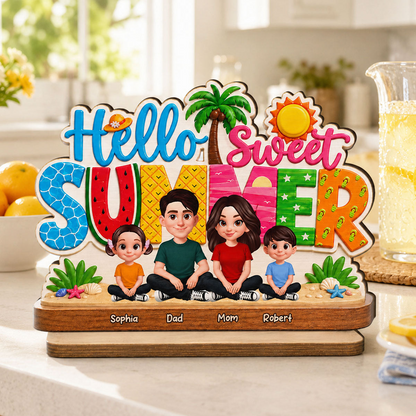 Hello Summer Vibe Family Grandpa Grandma Dad Mom Kids - Personalized Wooden Plaque - Gift For Family, Grandparents, Summer Decoration