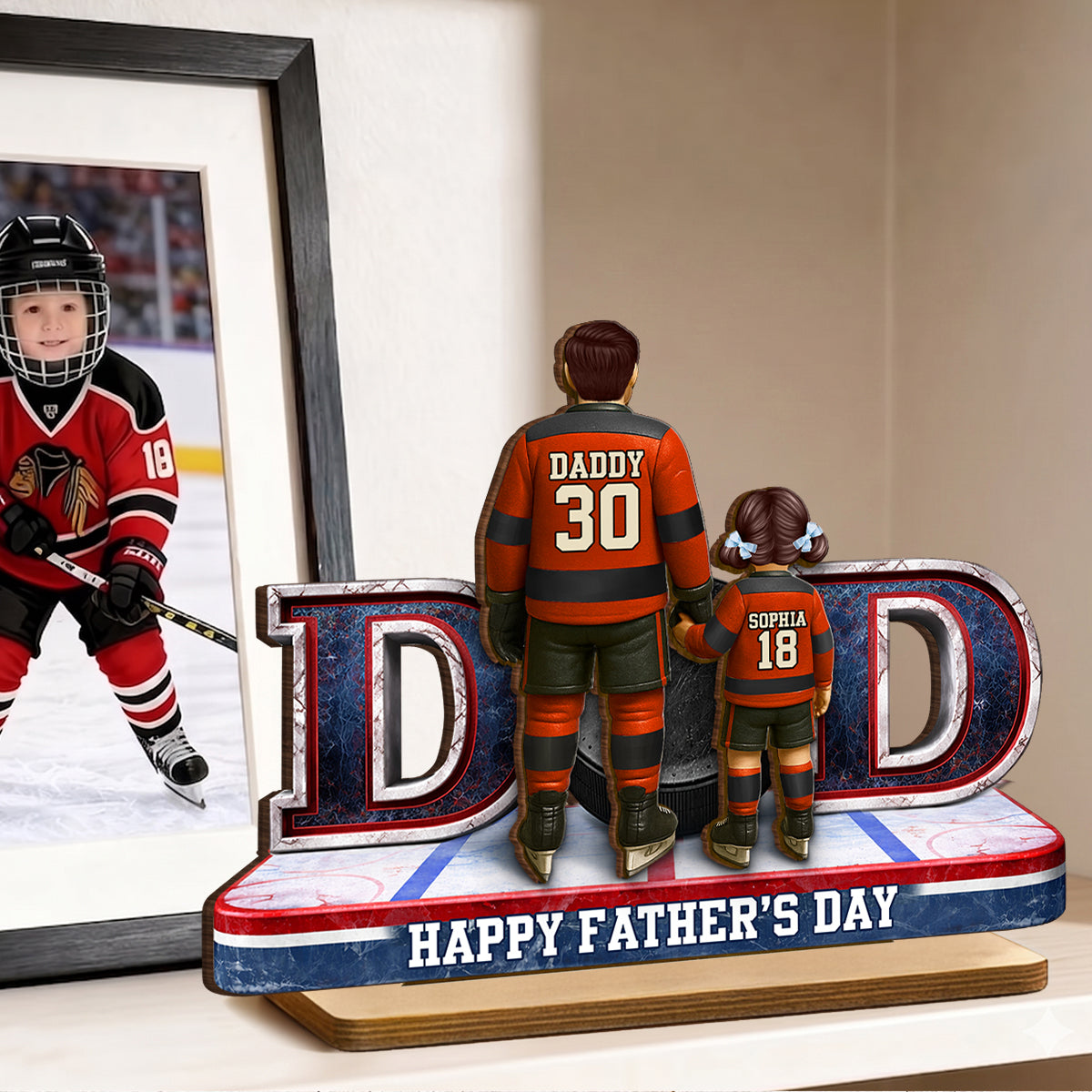 Hockey Dad And Kids Together - Personalized  Wooden Plaque - Heartfelt Gift For Hockey Dad, Gift For Husband