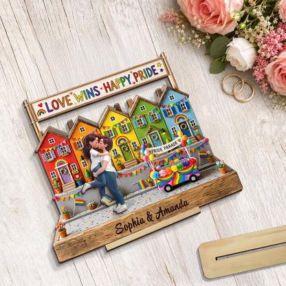 Love Wins LGBT+ Couple - Personalized Wooden Plaque - Gift For Couple, Happy Pride Month