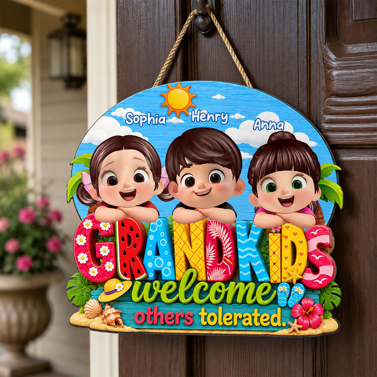 Grandkids Welcome Others Tolerated - Personalized Door Sign - Farmhouse Rustic Summer Decorations for Home