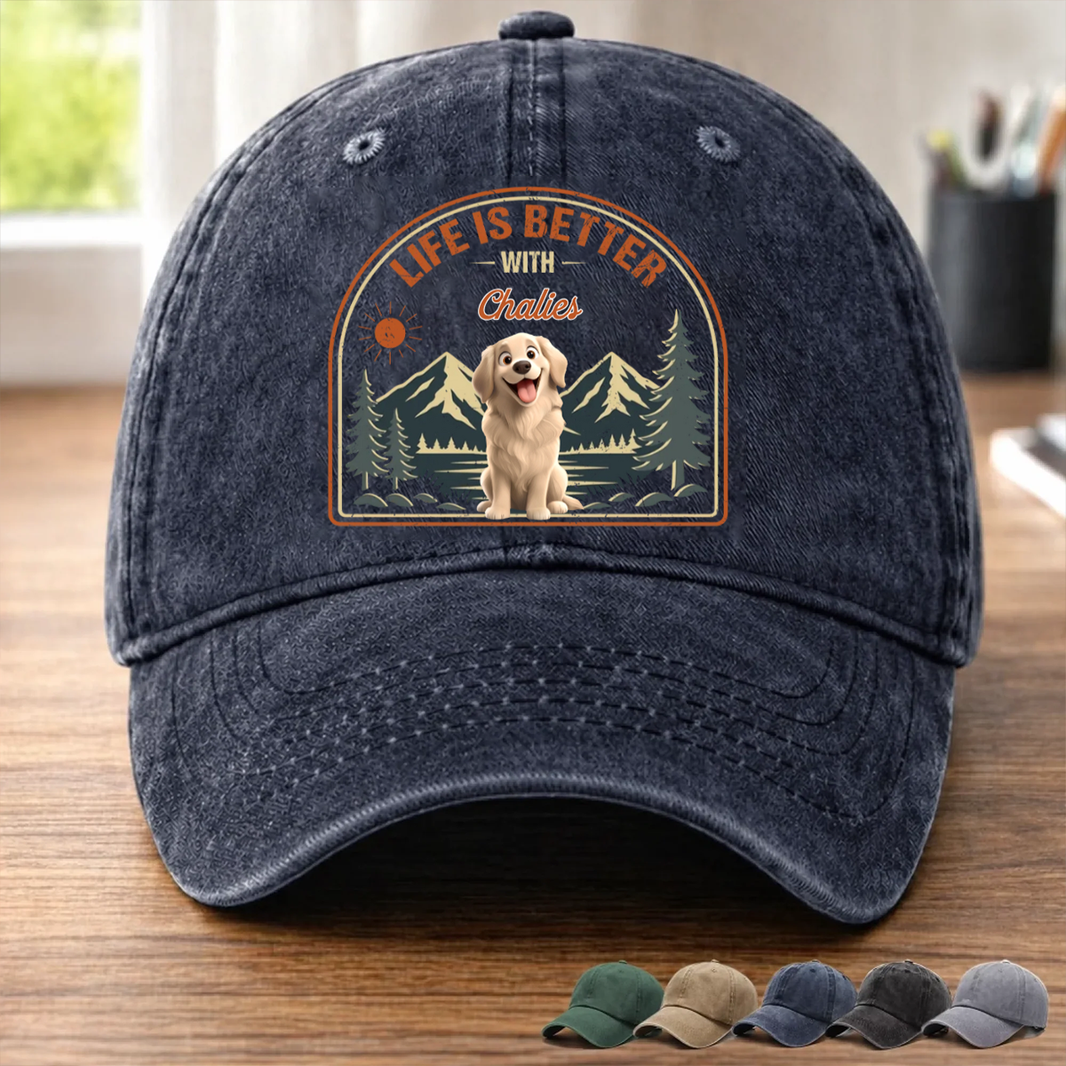 Custom Vintage Washed Denim Baseball Cap - Personalized Father's Day Gifts For Dog Lovers, Dog Dad And Mom - Dog Walks, Mountain Talks