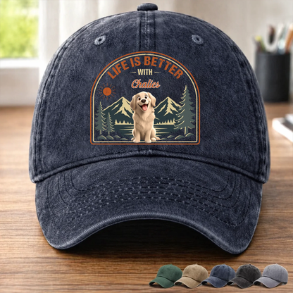 Custom Vintage Washed Denim Baseball Cap - Personalized Father's Day Gifts For Dog Lovers, Dog Dad And Mom - Dog Walks, Mountain Talks