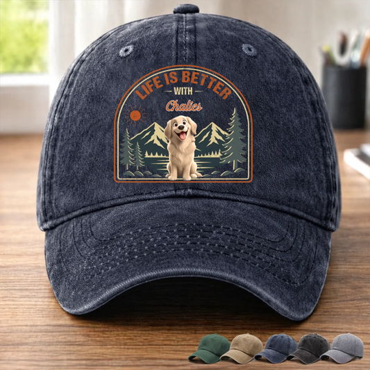 Custom Vintage Washed Denim Baseball Cap - Personalized Father's Day Gifts For Dog Lovers, Dog Dad And Mom - Dog Walks, Mountain Talks