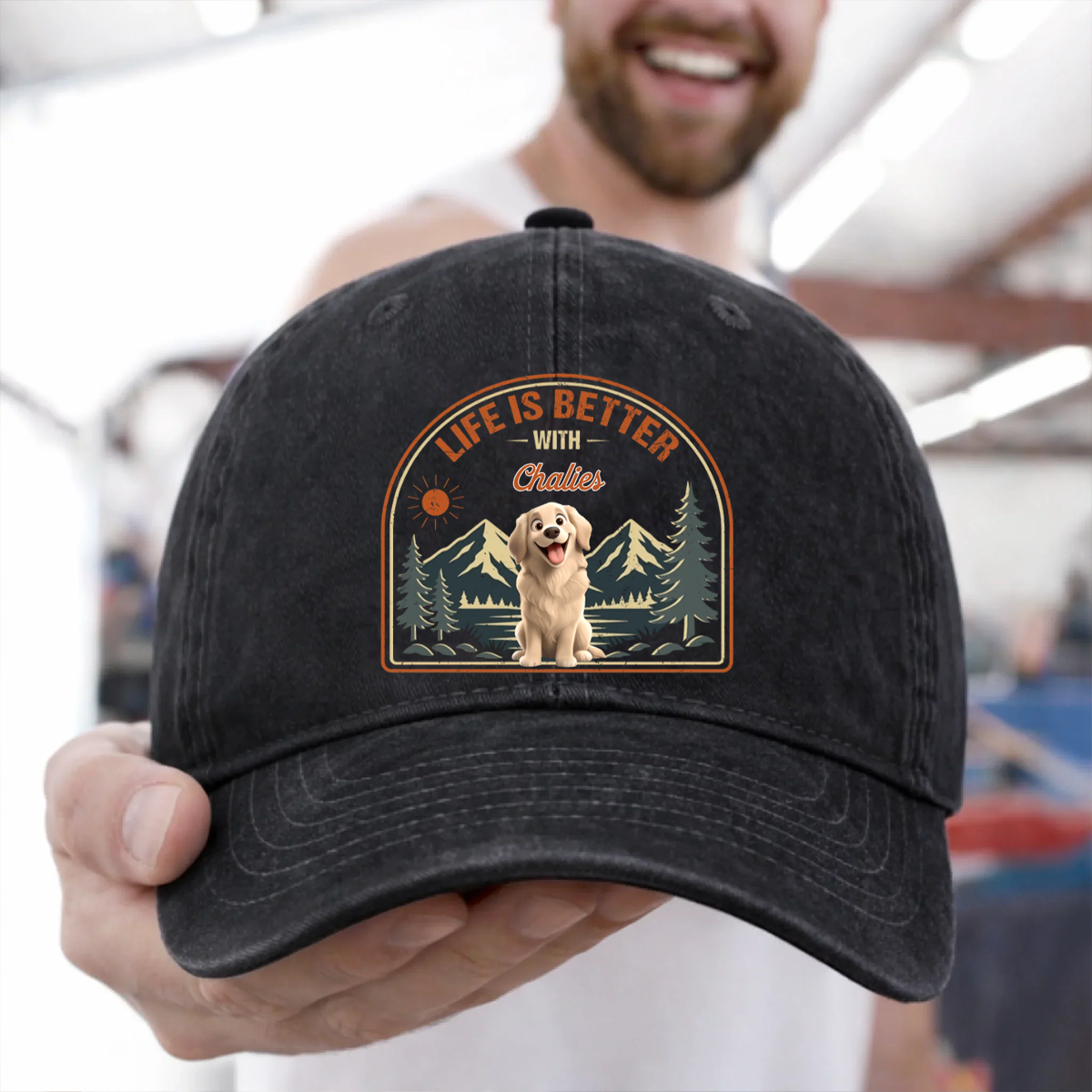 Custom Vintage Washed Denim Baseball Cap - Personalized Father's Day Gifts For Dog Lovers, Dog Dad And Mom - Dog Walks, Mountain Talks