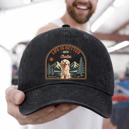 Custom Vintage Washed Denim Baseball Cap - Personalized Father's Day Gifts For Dog Lovers, Dog Dad And Mom - Dog Walks, Mountain Talks