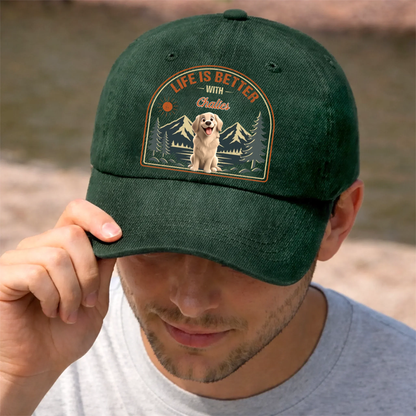 Custom Vintage Washed Denim Baseball Cap - Personalized Father's Day Gifts For Dog Lovers, Dog Dad And Mom - Dog Walks, Mountain Talks