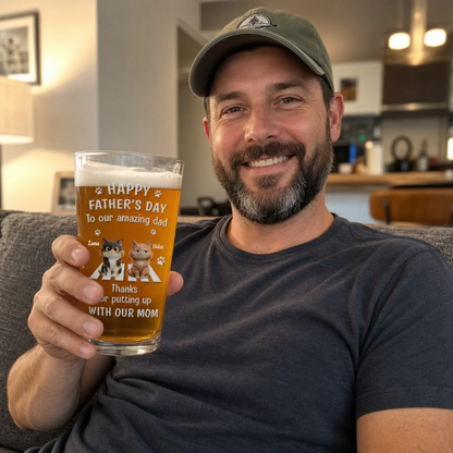 Custom Beer Glass - Personalized Father's Day Birthday Gifts For Dog Cat Lovers, Dog Dad And Mom, Cat Owners - Love Comes With Four Paws