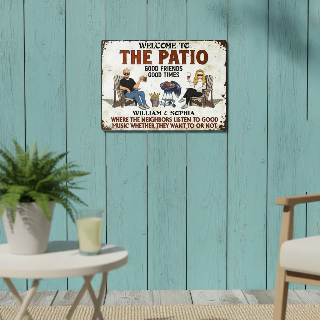 The Patio Grilling Listen To The Good Music Couple Husband Wife Pride - Backyard Sign - Personalized Custom Classic Metal Signs