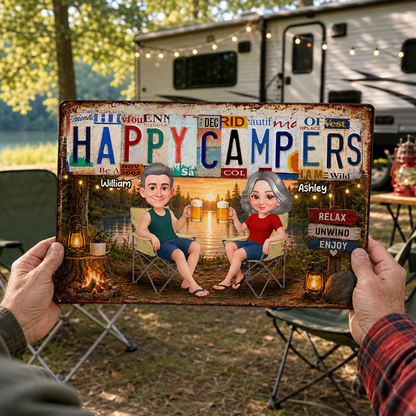 Happy Campers Camping Couple License Plate Style - Personalized Metal Sign - Gift For Campers